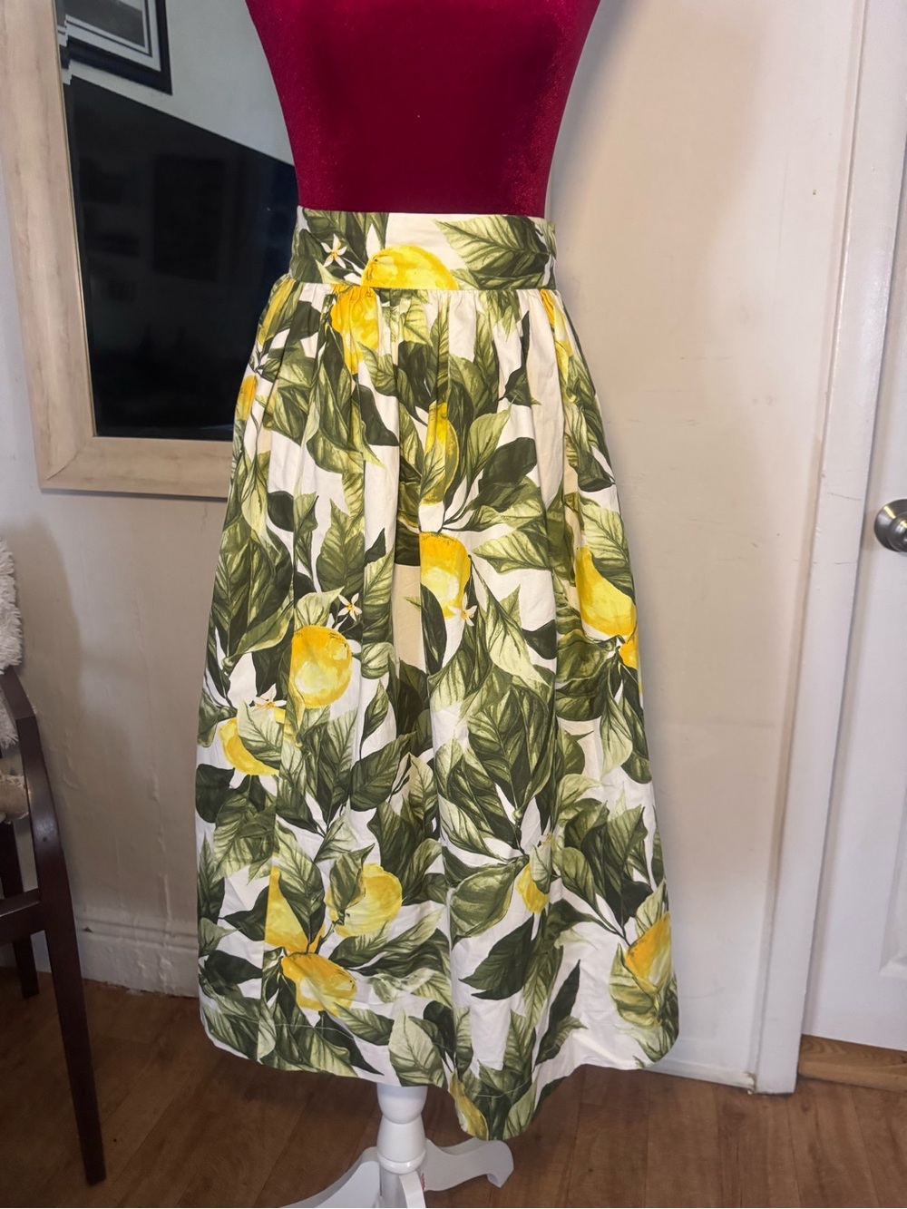 High-Waist Lemon Print Midi Skirt - Yellow & Green